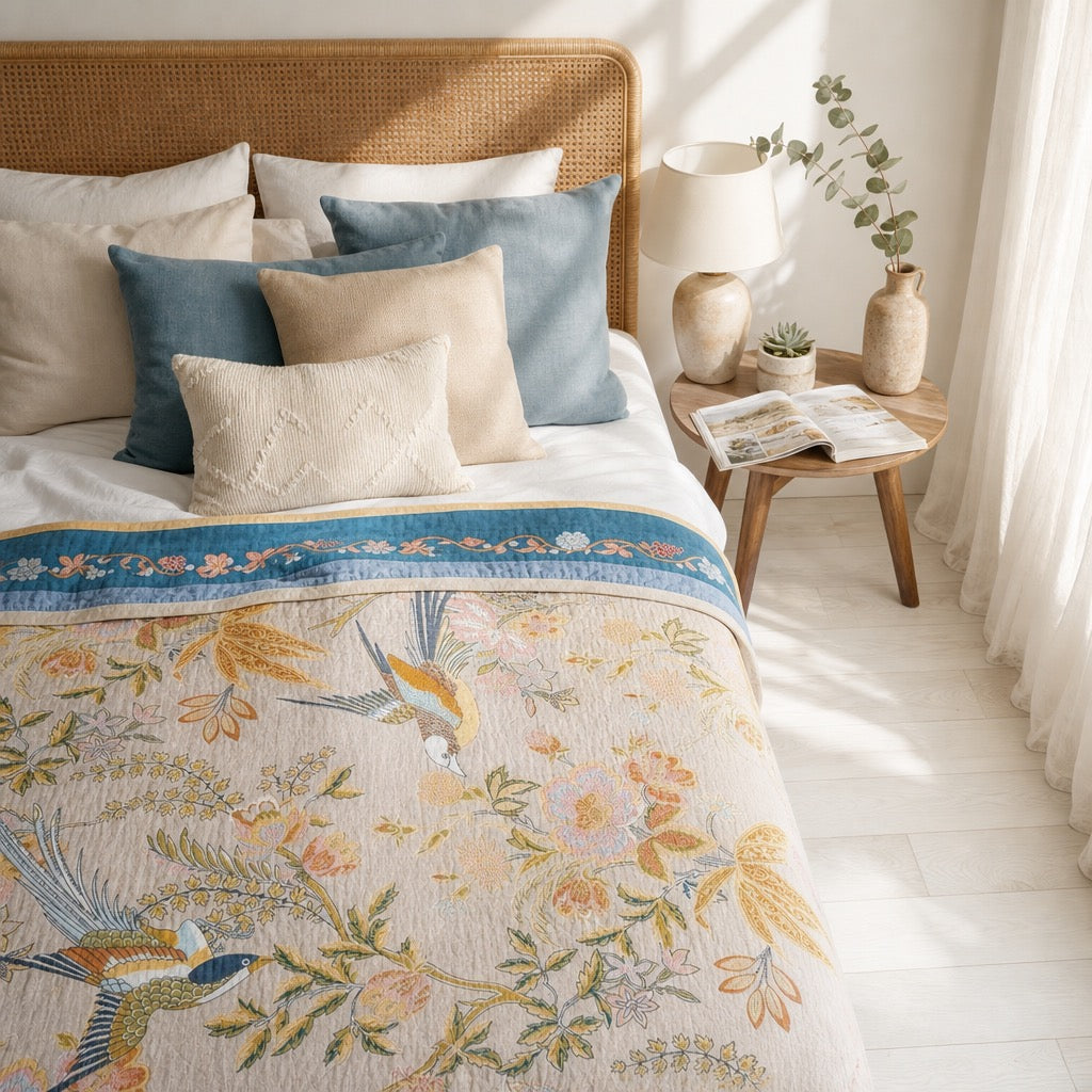 NEW Anthro XL Reversible Boho Bird Multicolor Queen / King Size Bedspread Quilt