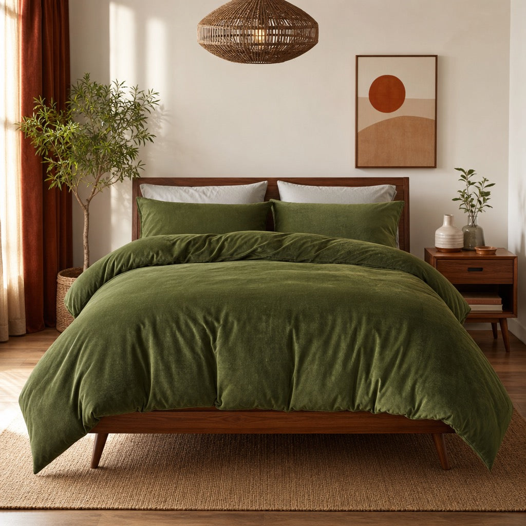 NEW West Elm Emerald Green Velvet Velour Queen / King Duvet Bedding & Sham Set