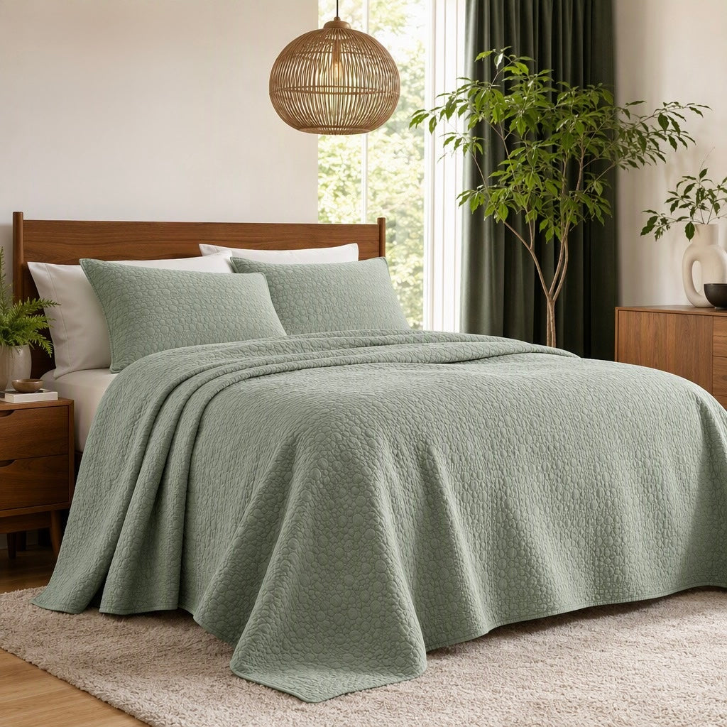 NEW West Elm Green Stone Print Ultra Soft Queen King Bedding Bedspread Sham Set