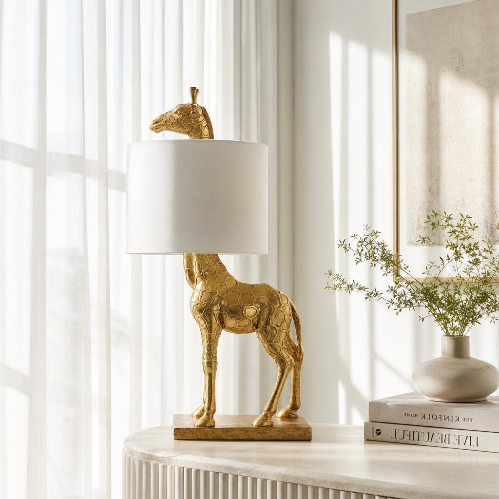 NEW Anthropologie Large Gold Boho Giraffe Table Lamp Lighting Art Deco Set - 26"