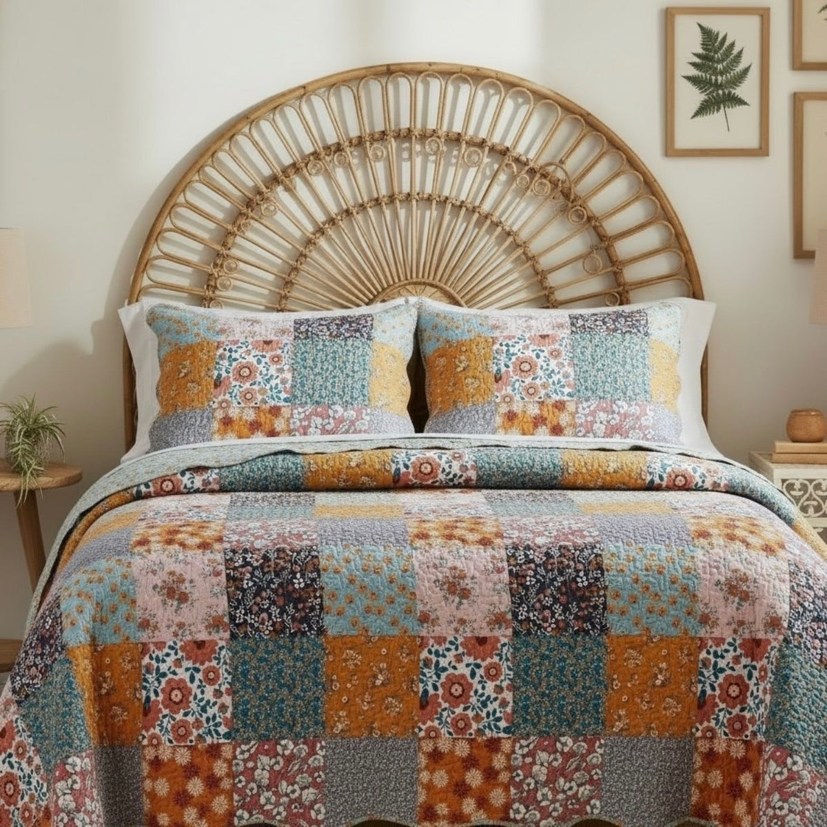 NEW Anthropologie Patchwork Floral Reversible Queen King Bedding Quilt Sham Set