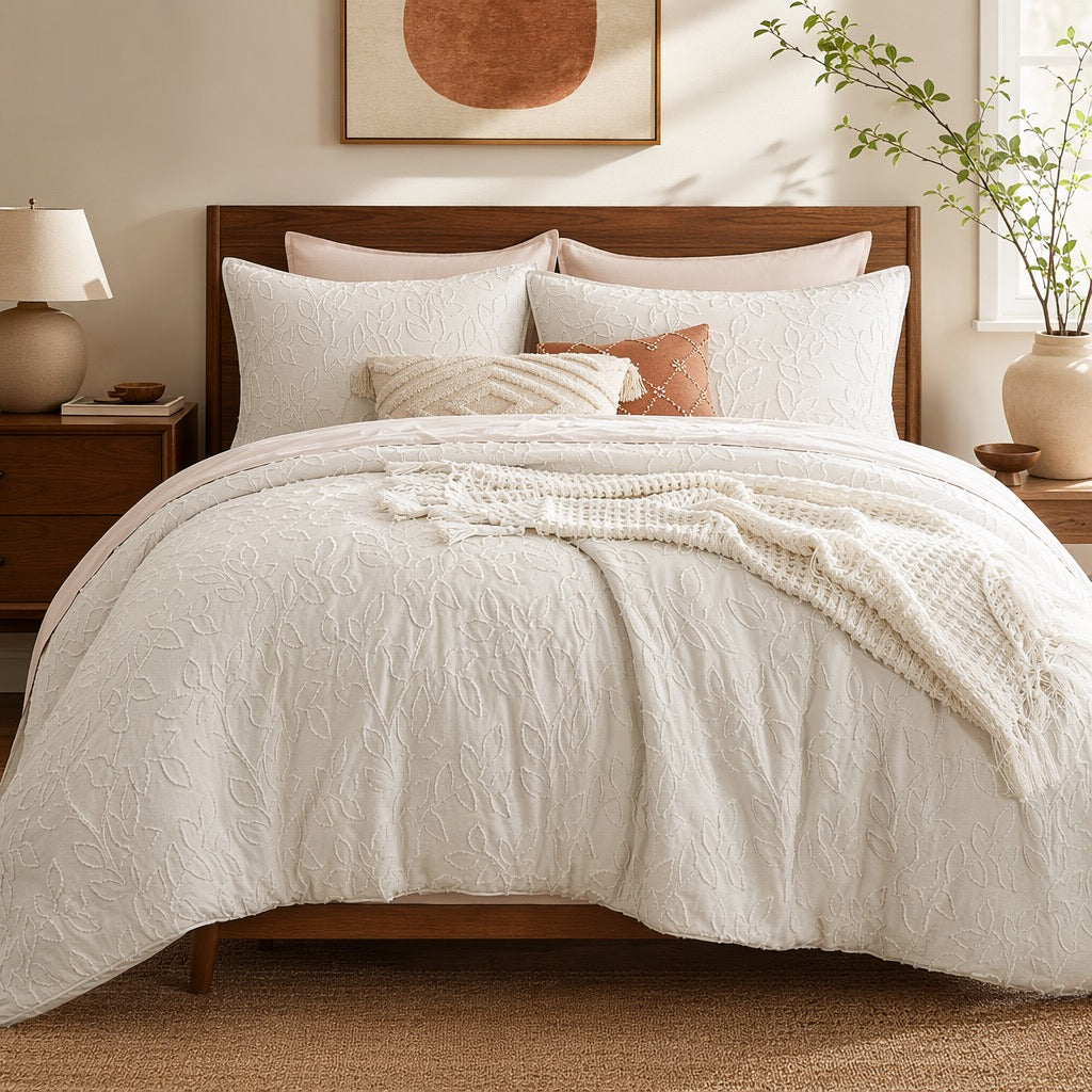 NEW Anthropologie Ivory Beige Tufted Floral Boho Comforter Bedding & Sham Set