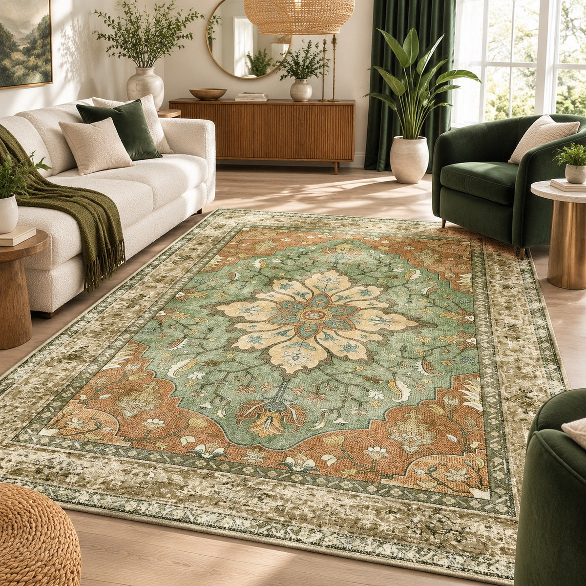 NEW West Elm Green Moroccan Boho Floral Washable Area Rug Carpet - 5' x 7'