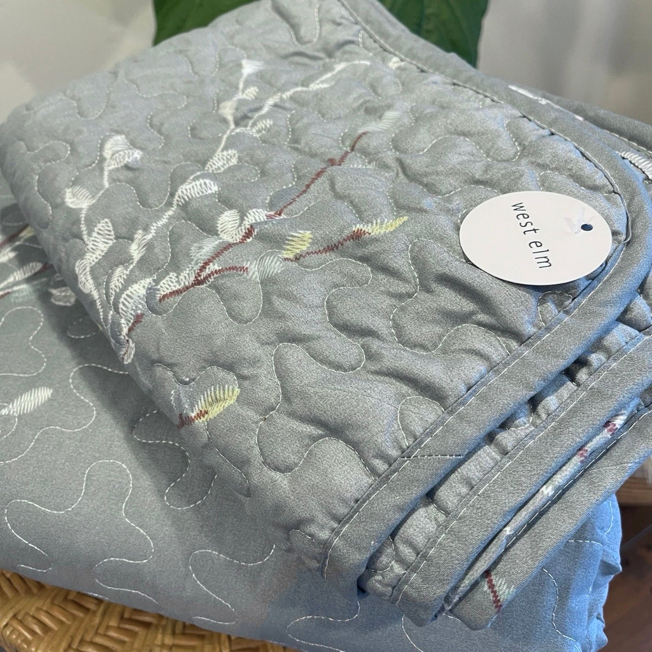 NEW West Elm Blue King Size Floral Embroidered Bedspread Quilt Pillow Case Set