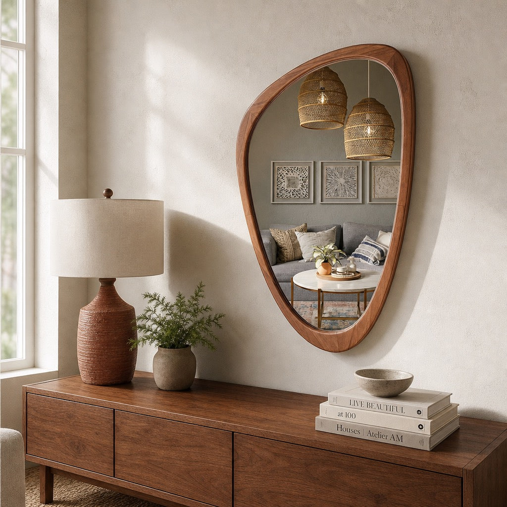 NEW West Elm Large Wood Frame Asymmetrical Wall Hanging Abstract Mirror 20 x 30