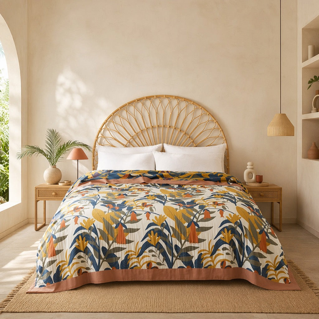 NEW Anthropologie Queen Boho Floral Reversible Blanket Bedspread Quilt 98" x 92"