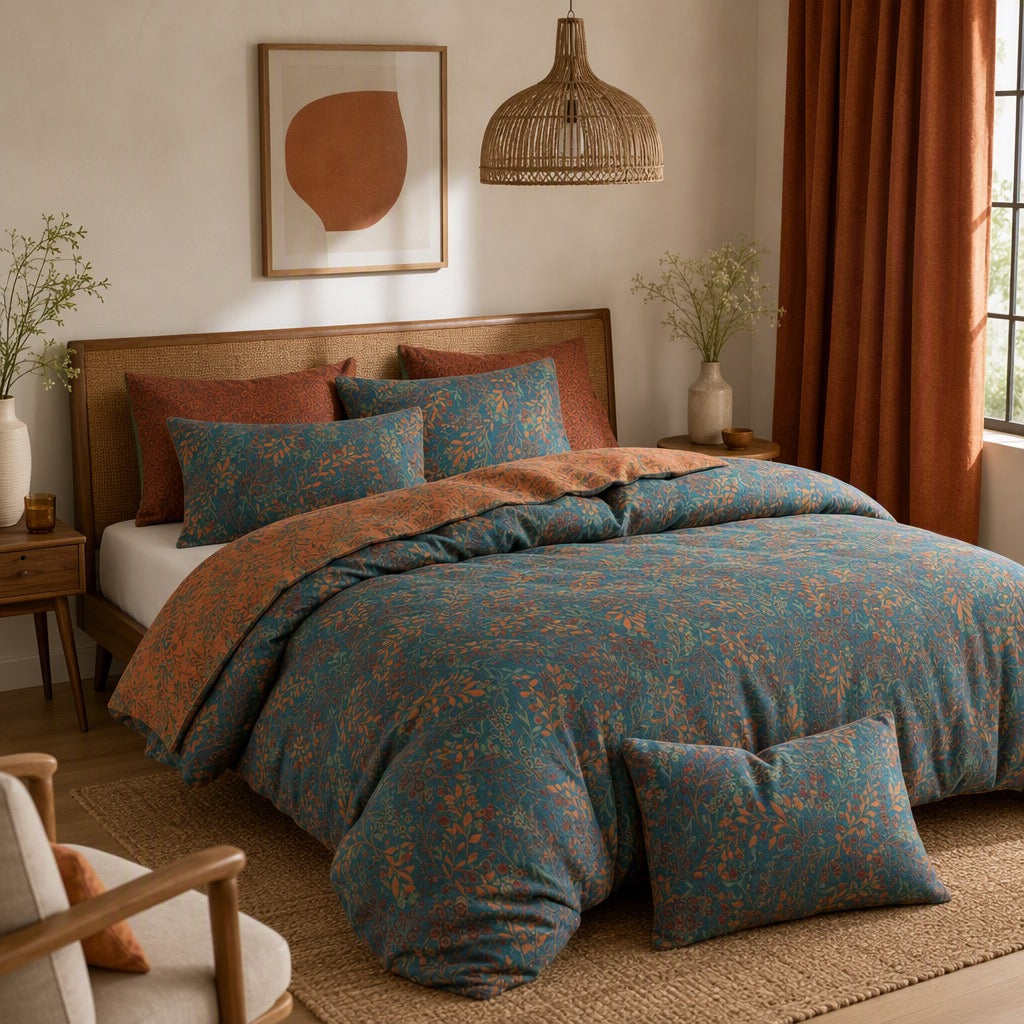 NEW Anthropologie Orange Teal Botanical Cotton Queen King Bedding Duvet Sham Set