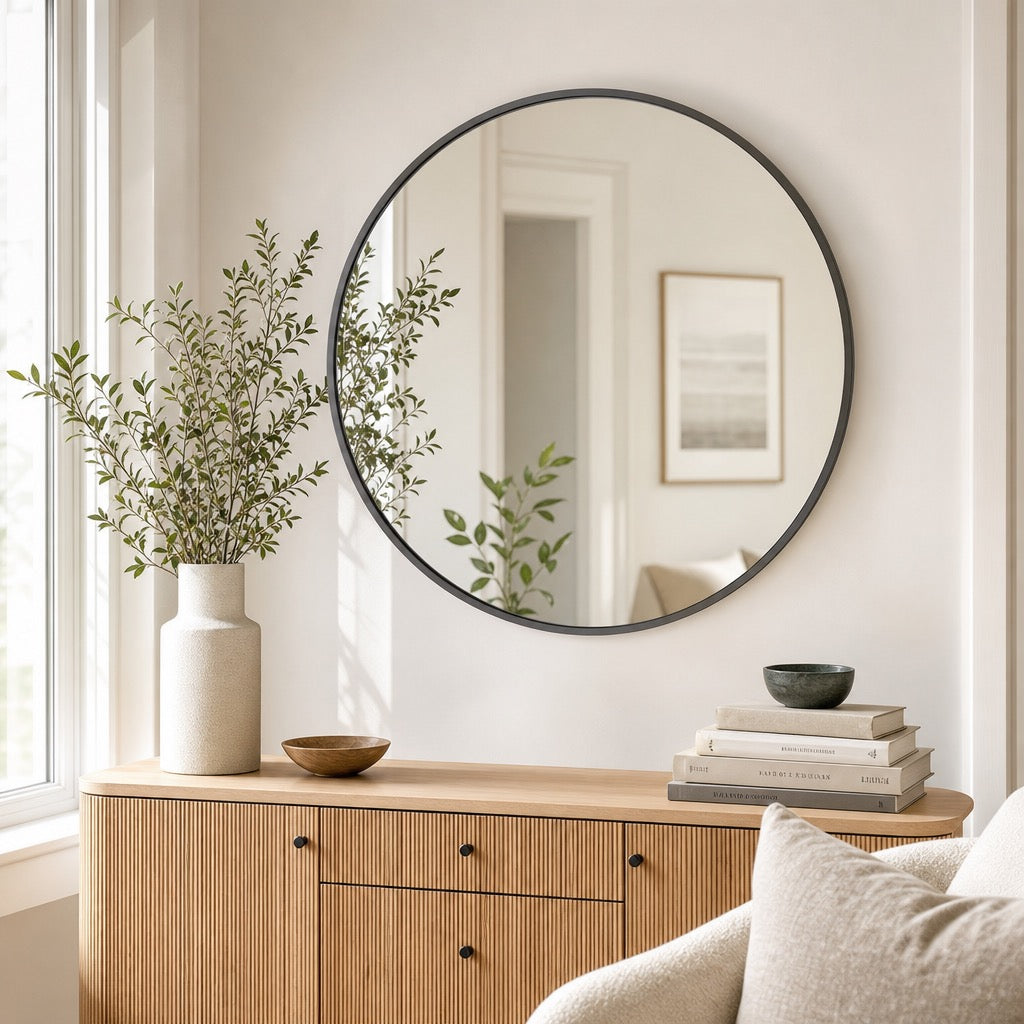 NEW West Elm Black Circle Round Matte Framed Boho Wall Entry Mirror - 20" x 20"
