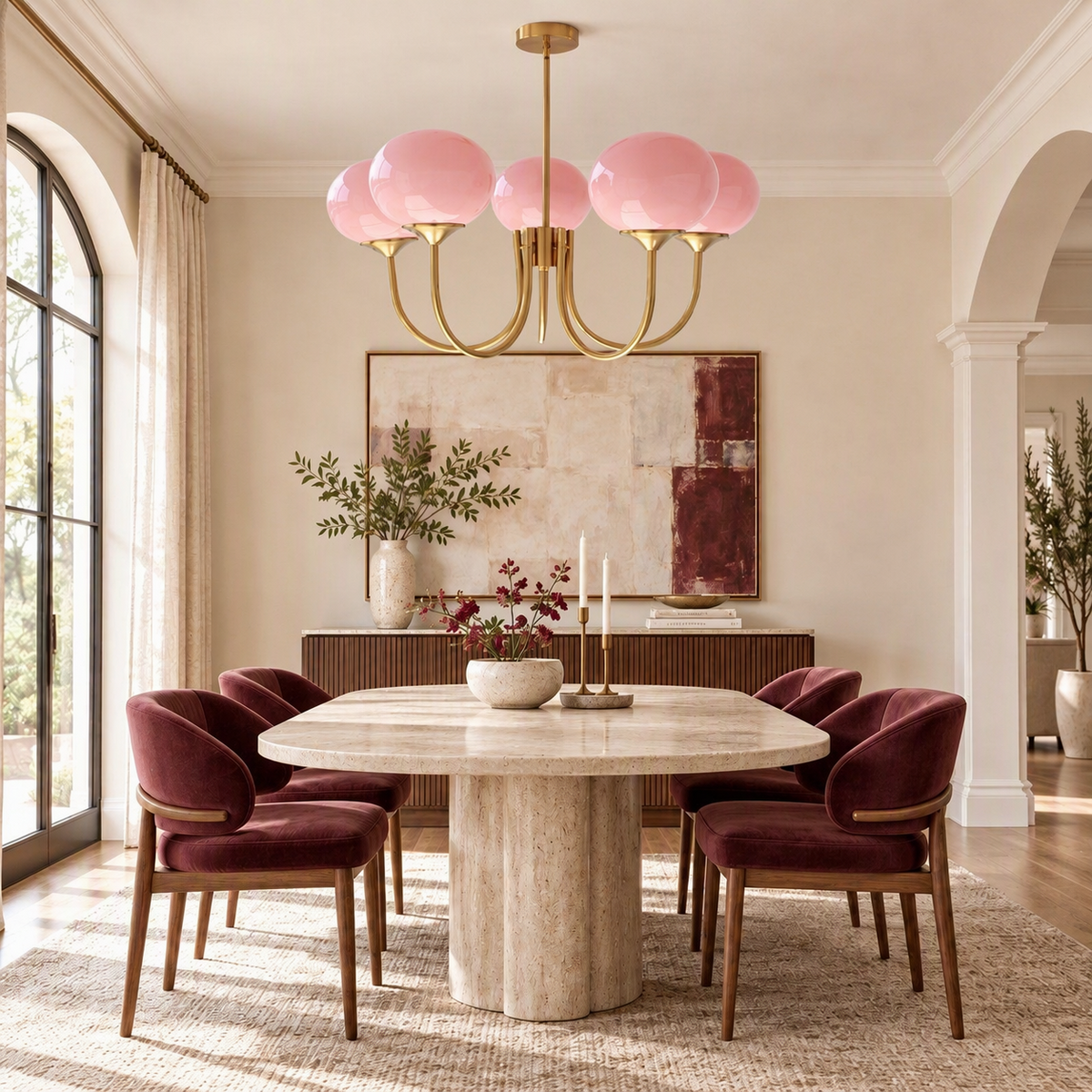 NEW Anthropologie 5-Light Gold Pink Chandelier Retro Boho Light Ceiling Fixture