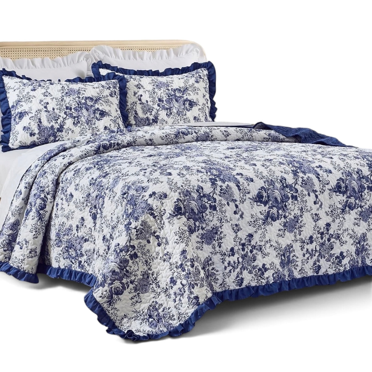 NEW Anthropologie Blue White Floral Ruffle Trim Quilt Coverlet Bedding Sham Set