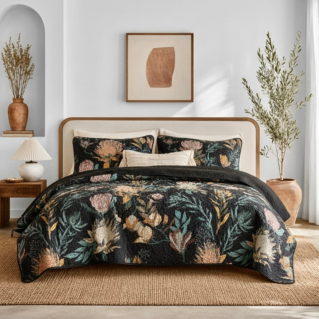NEW Anthro Queen / King Black Reversible Boho Quilt Bedspread Bedding & Sham Set