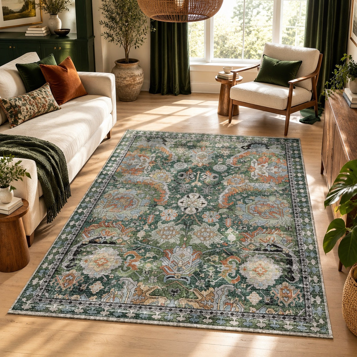 NEW Anthropologie Green Vintage Floral Boho Washable Area Rug Carpet - 5' x 7'