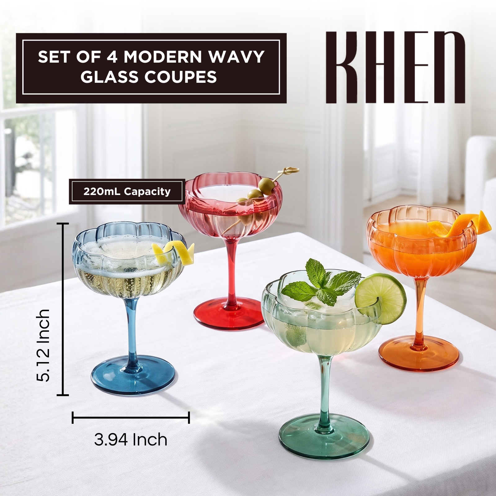 Flower Coupe Cocktail Colored Glasses | Set of 4 | Muted
