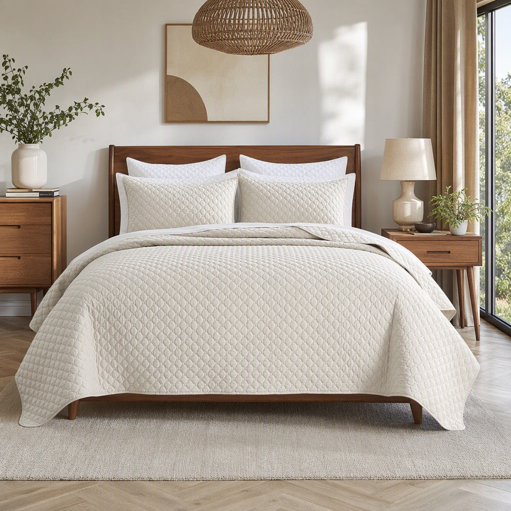 NEW West Elm Cream Ultra Soft Diamond Quilted Queen King Bedding Quilt Sham Set