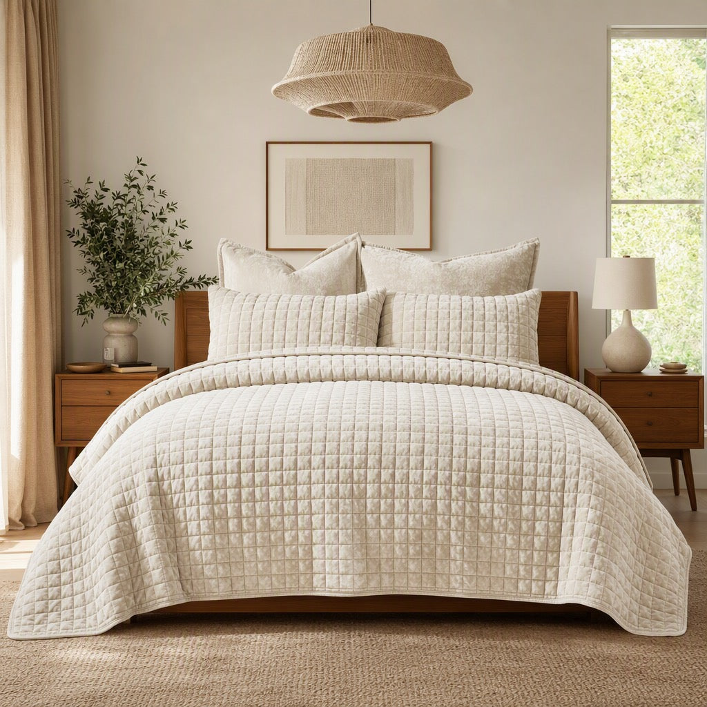 NEW West Elm Beige Velvet Ultra Soft Quilted Bedding Quilt Set - Multiple Sizes