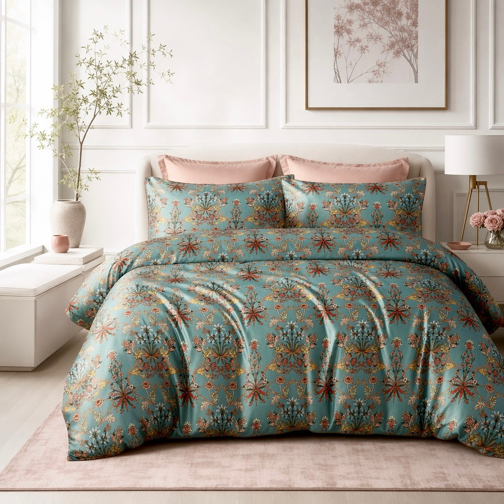 NEW Anthropologie Teal Orange Floral Boho Cotton Queen / King Bedding Duvet & Sham Set