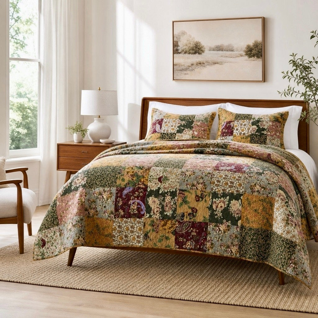 NEW Anthropologie Cotton Reversible Patchwork Queen King Bedding Quilt Sham Set
