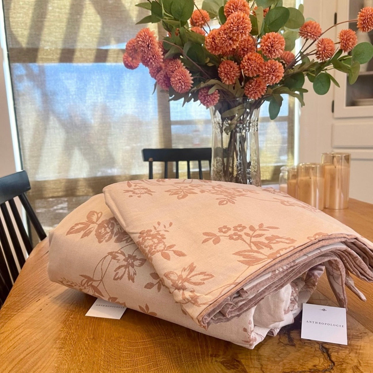 NEW Anthropologie Pink Floral Jacquard Linen Cotton Bedding Duvet & Sham Set
