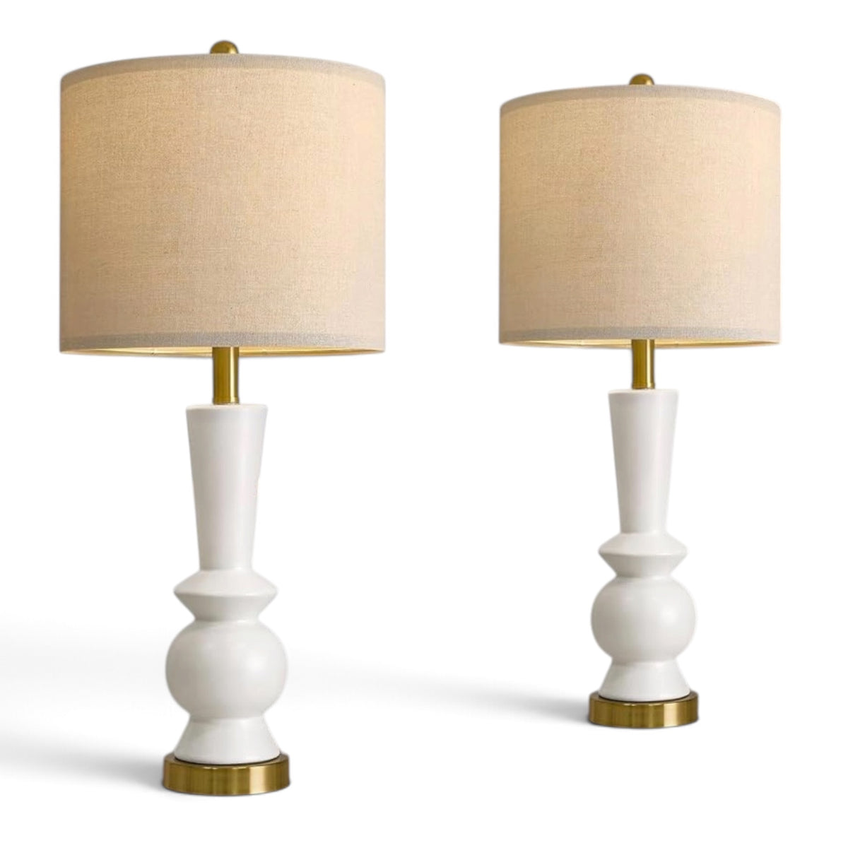 NEW Anthropologie Set of 2 White & Gold Ceramic Boho Table Lamps Lighting - 27"