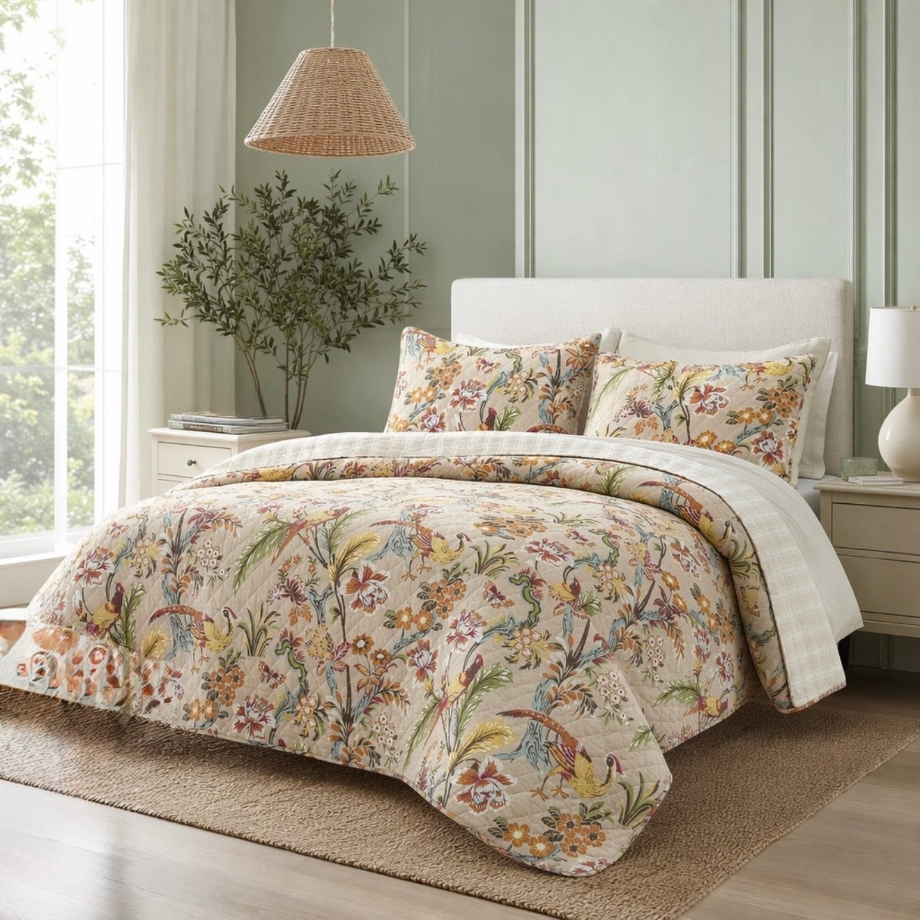 NEW Anthropologie Queen / King Cotton Boho Bird Quilt Bedspread Bedding Sham Set