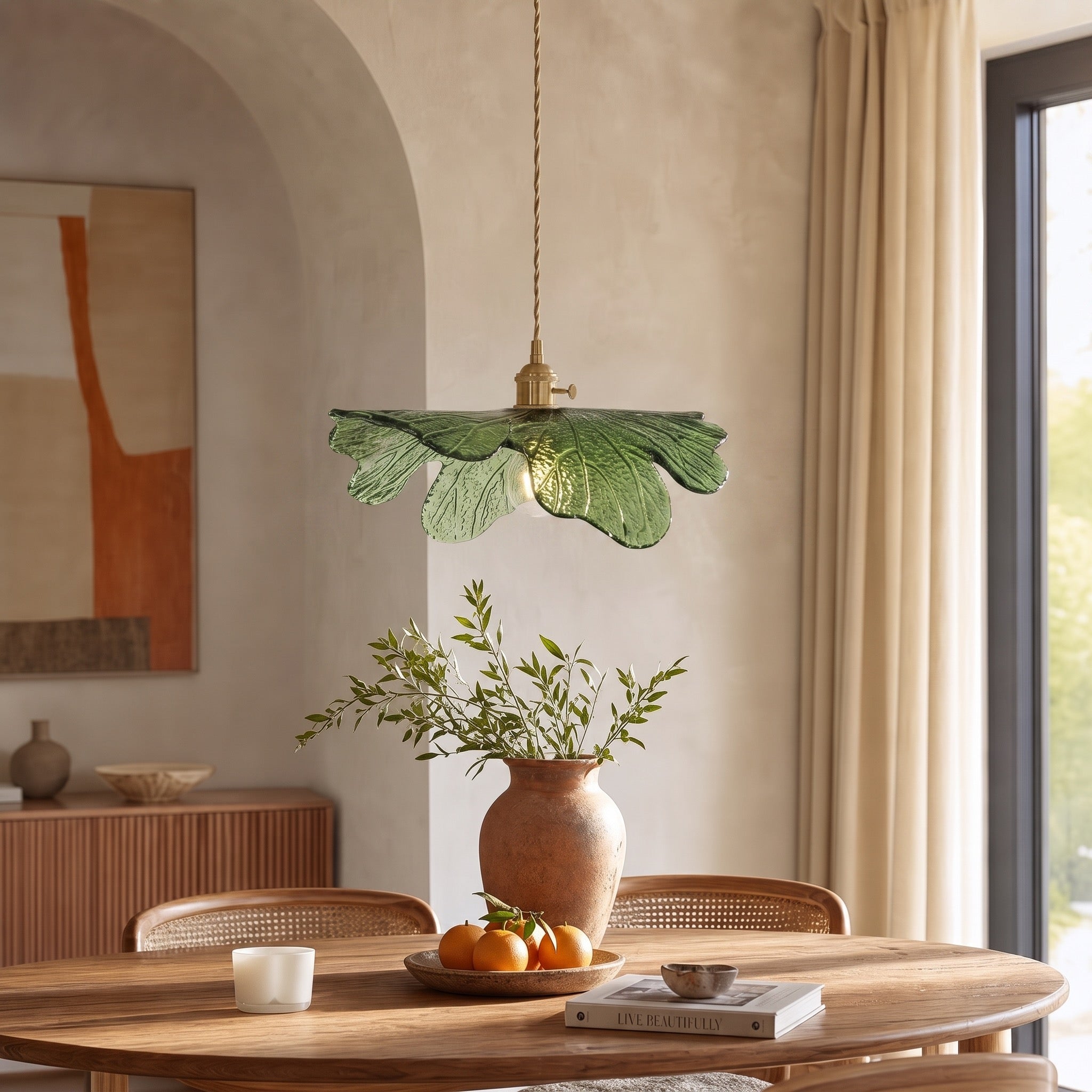 NEW Anthro Vintage Green Glass Hanging Retro Gold Floral Pendant Light Fixture