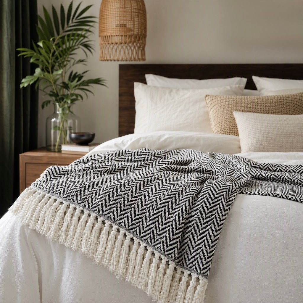 NEW West Elm Boho Black & White Turkish Cotton Throw Blanket Bedding - 60" x 50"