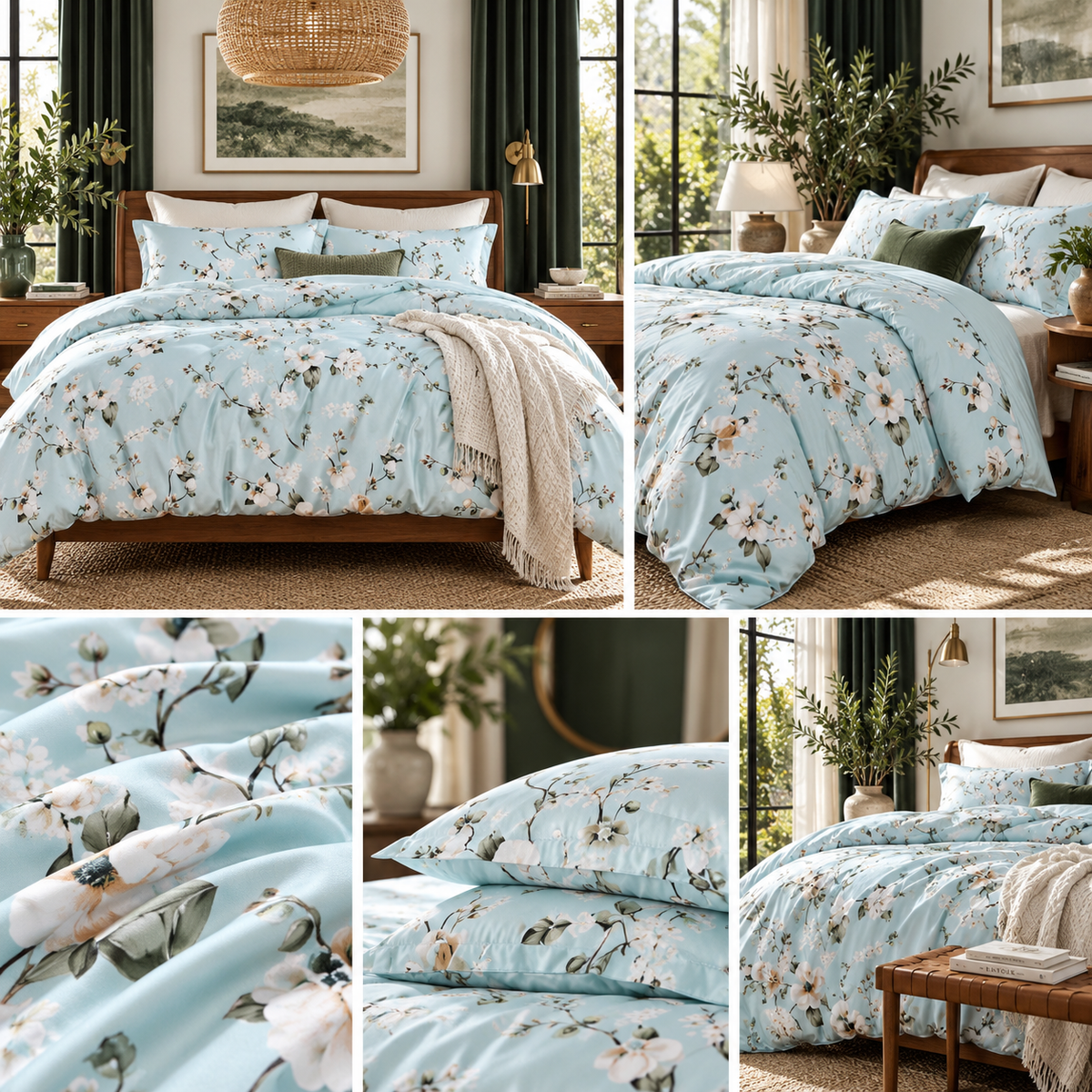 NEW West Elm Light Blue Floral Print Boho Queen / King Bedding Duvet & Sham Set