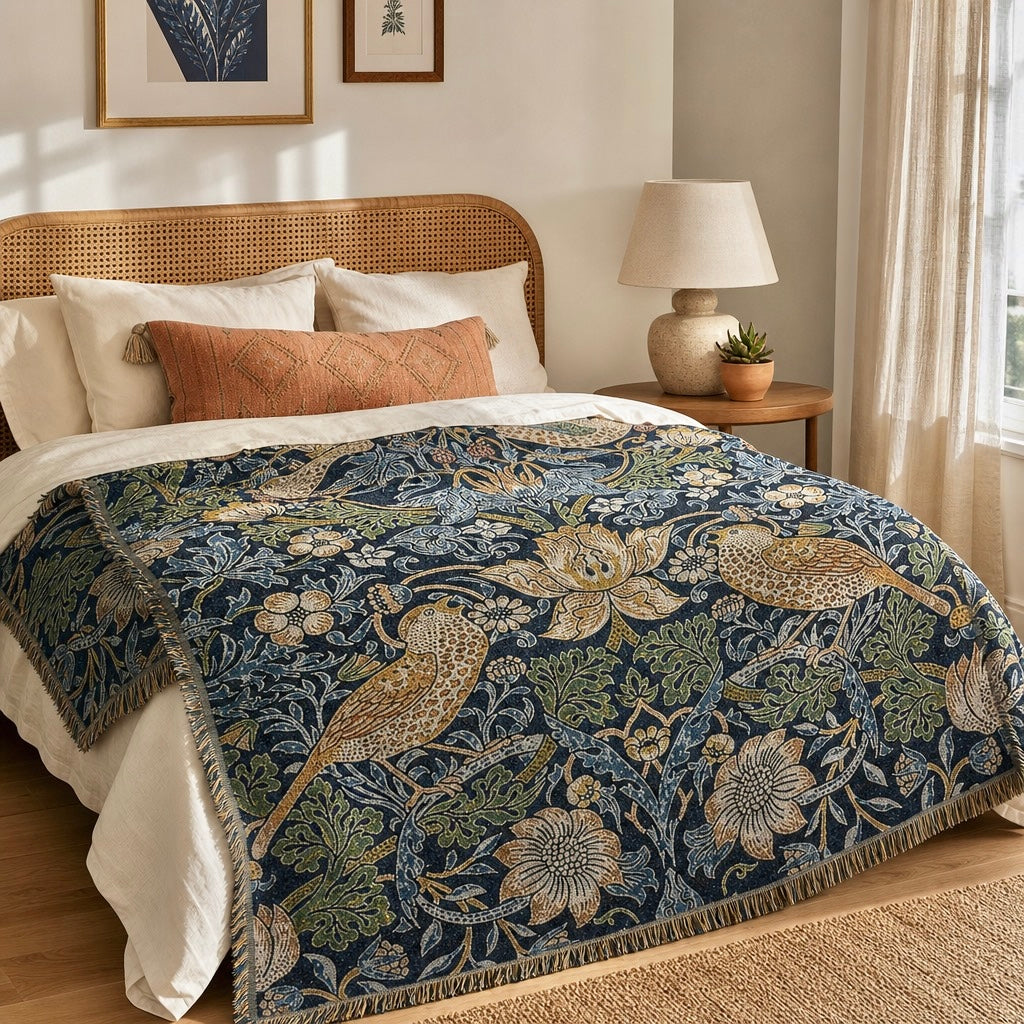 NEW Anthropologie Boho Bird Blue Tassel Throw Blanket Bedspread Quilt - 50 x 70