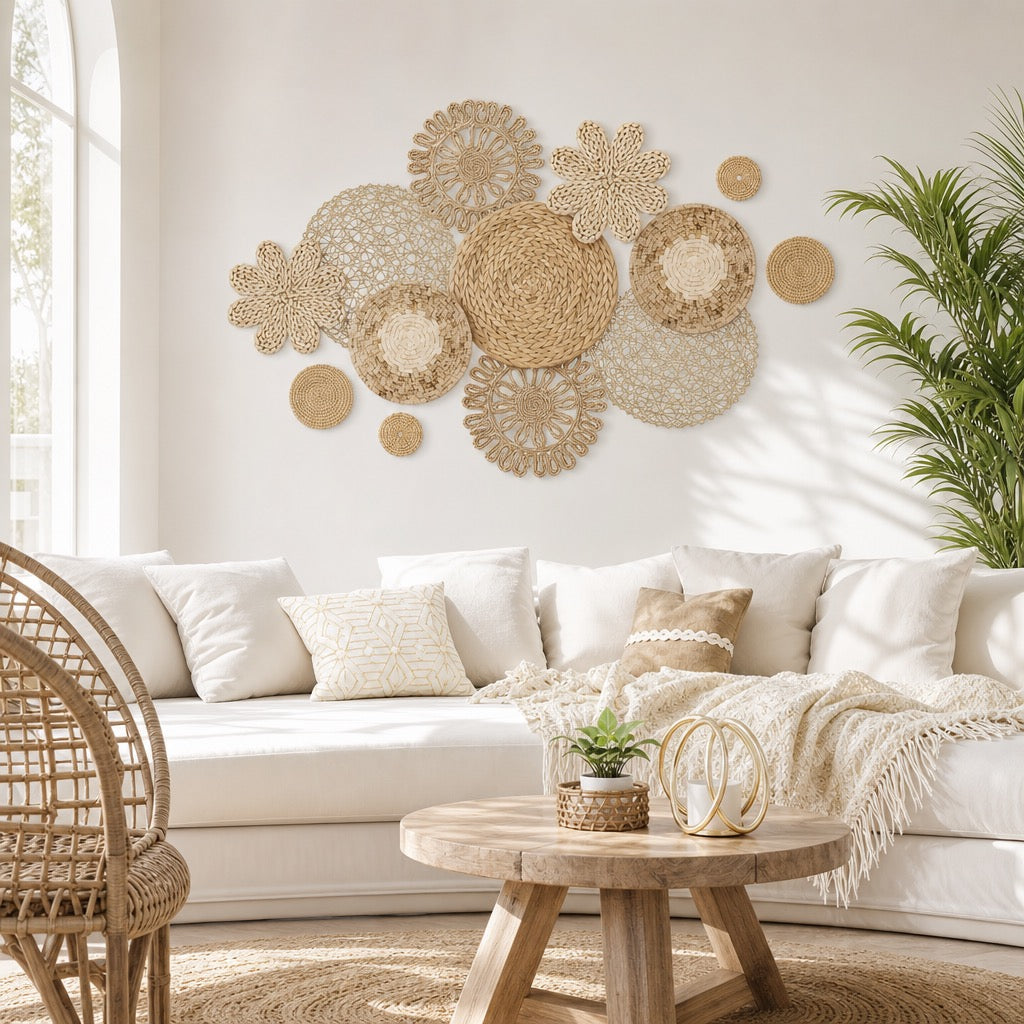 NEW West Elm XL Woven Wicker Rattan Seagrass Boho Wall Hanging Baskets Set of 13