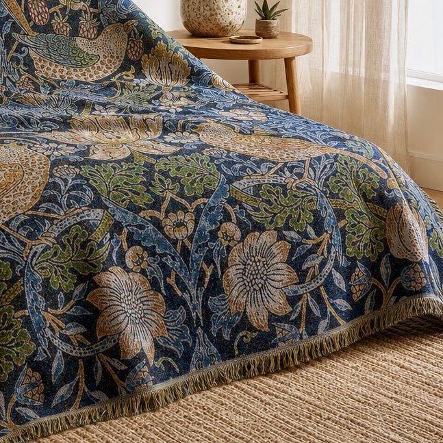 NEW Anthropologie Boho Bird Blue Tassel Throw Blanket Bedspread Quilt - 50 x 70