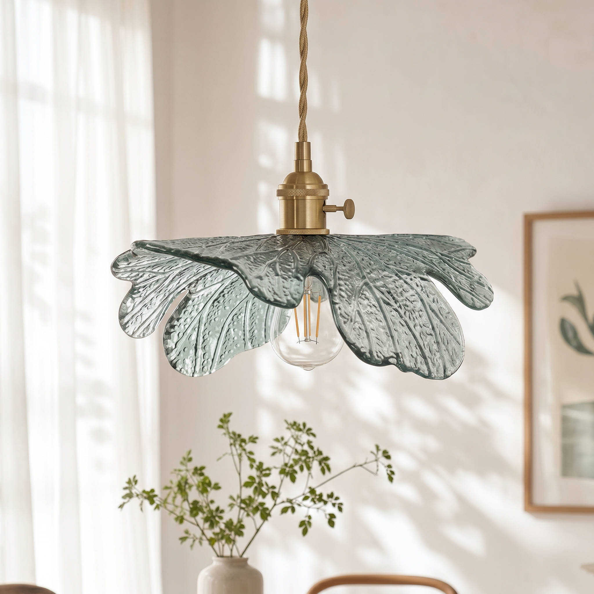 NEW Anthro Vintage Blue Glass Hanging Retro Gold Floral Pendant Light Fixture