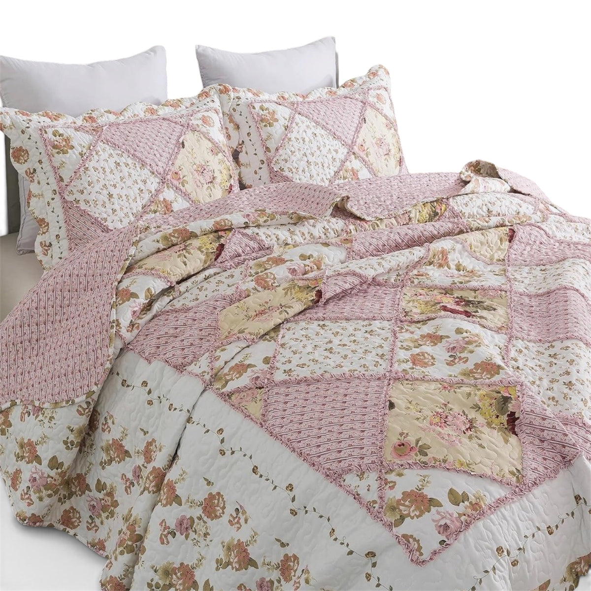 NEW Anthropologie Pink Vintage Floral Patchwork Quilt Coverlet Bedding Sham Set