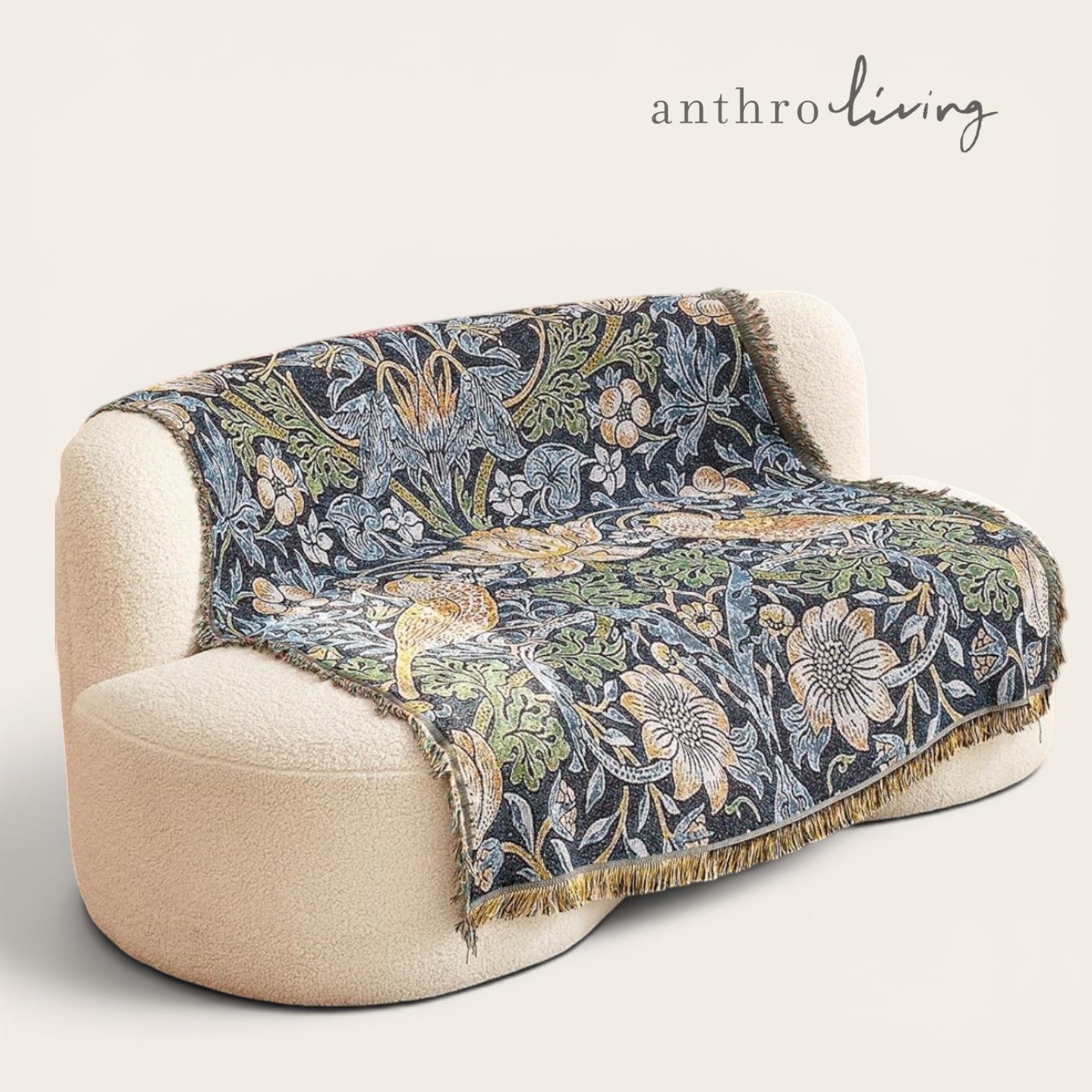 NEW Anthropologie Boho Bird Blue Tassel Throw Blanket Bedspread Quilt - 50 x 70