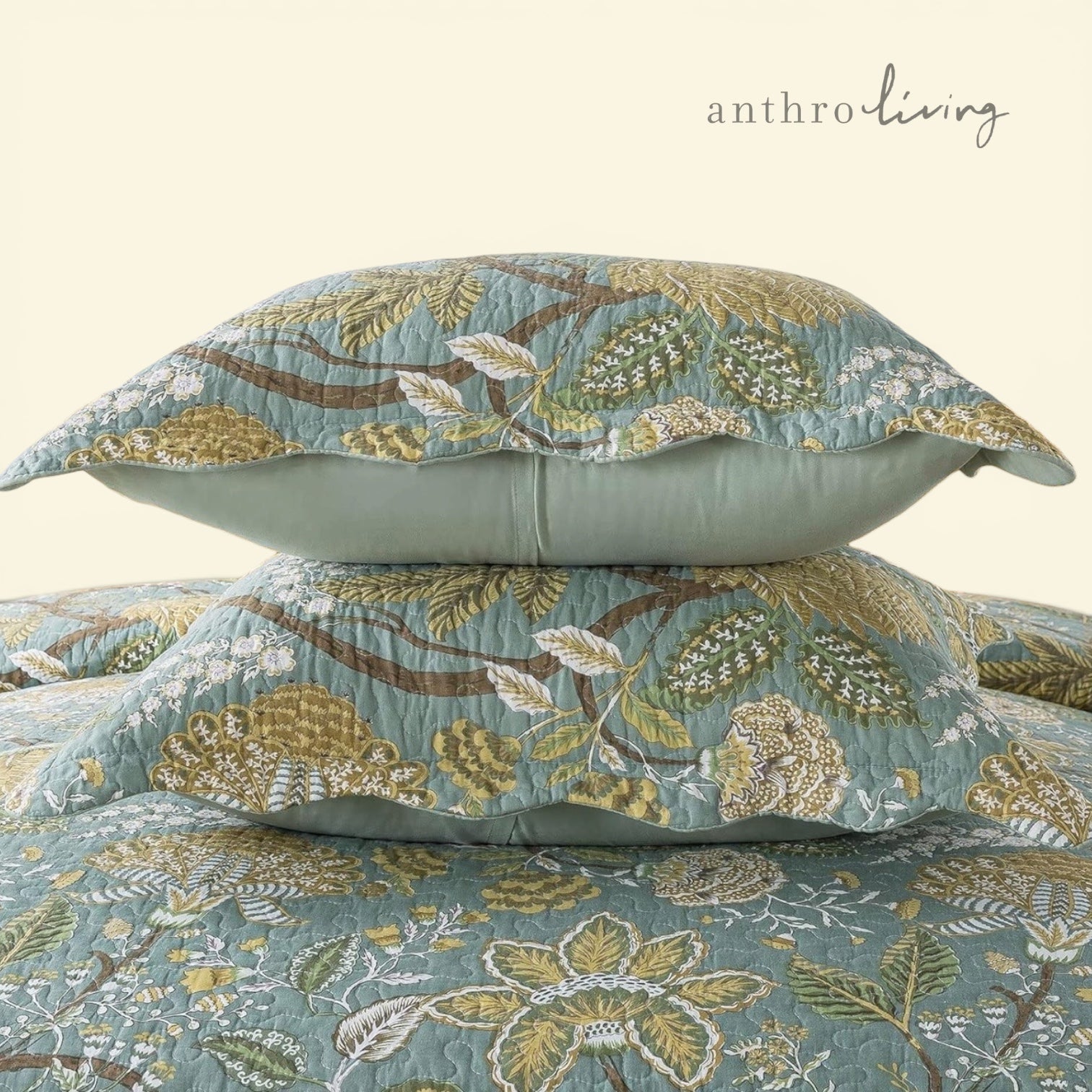 NEW Anthro Green Floral Reversible Queen / King Boho Bedding Quilt & Sham Case