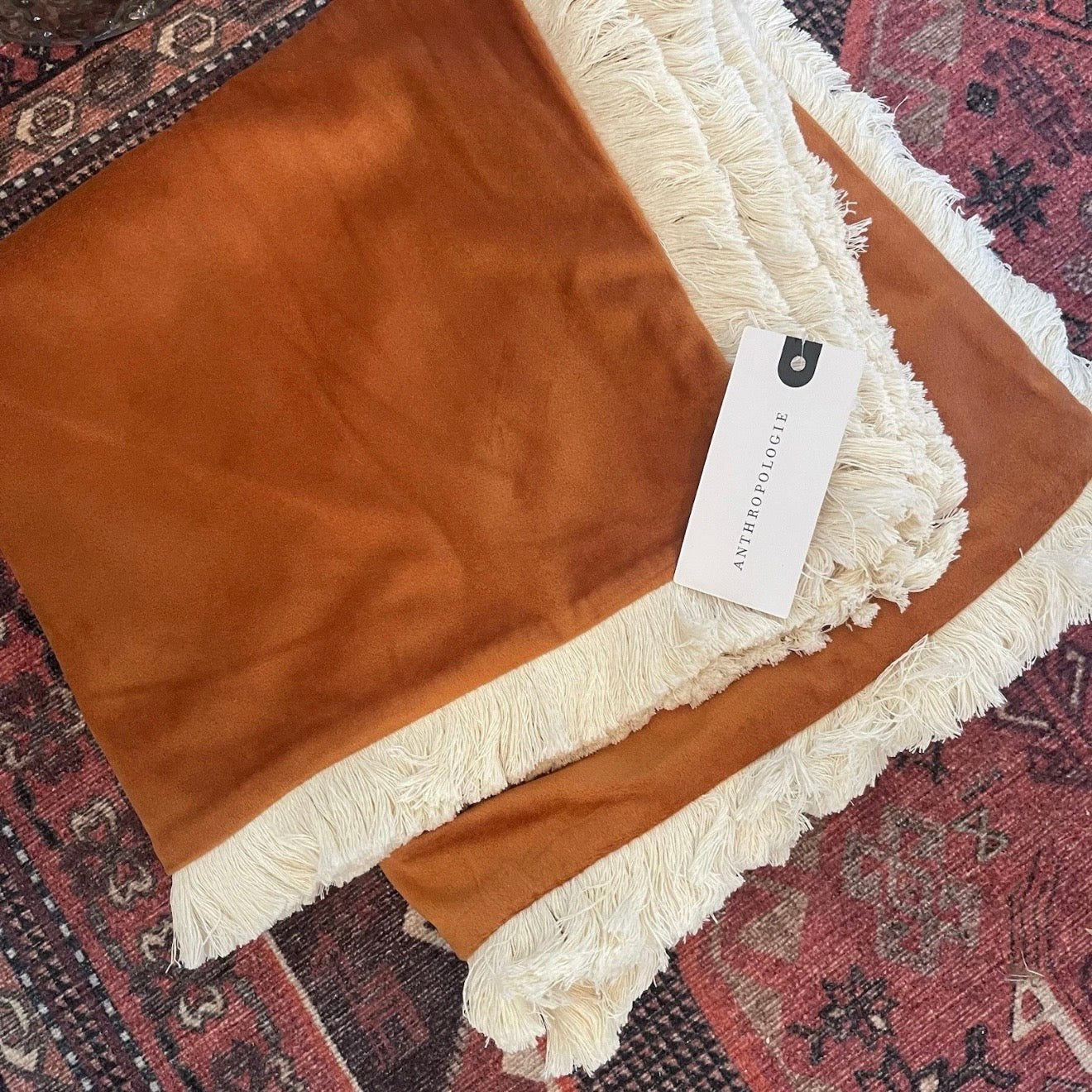 New West Elm Set 2 Orange Velvet Boho Fringe Throw Pillow Case Cover Sham 18x18