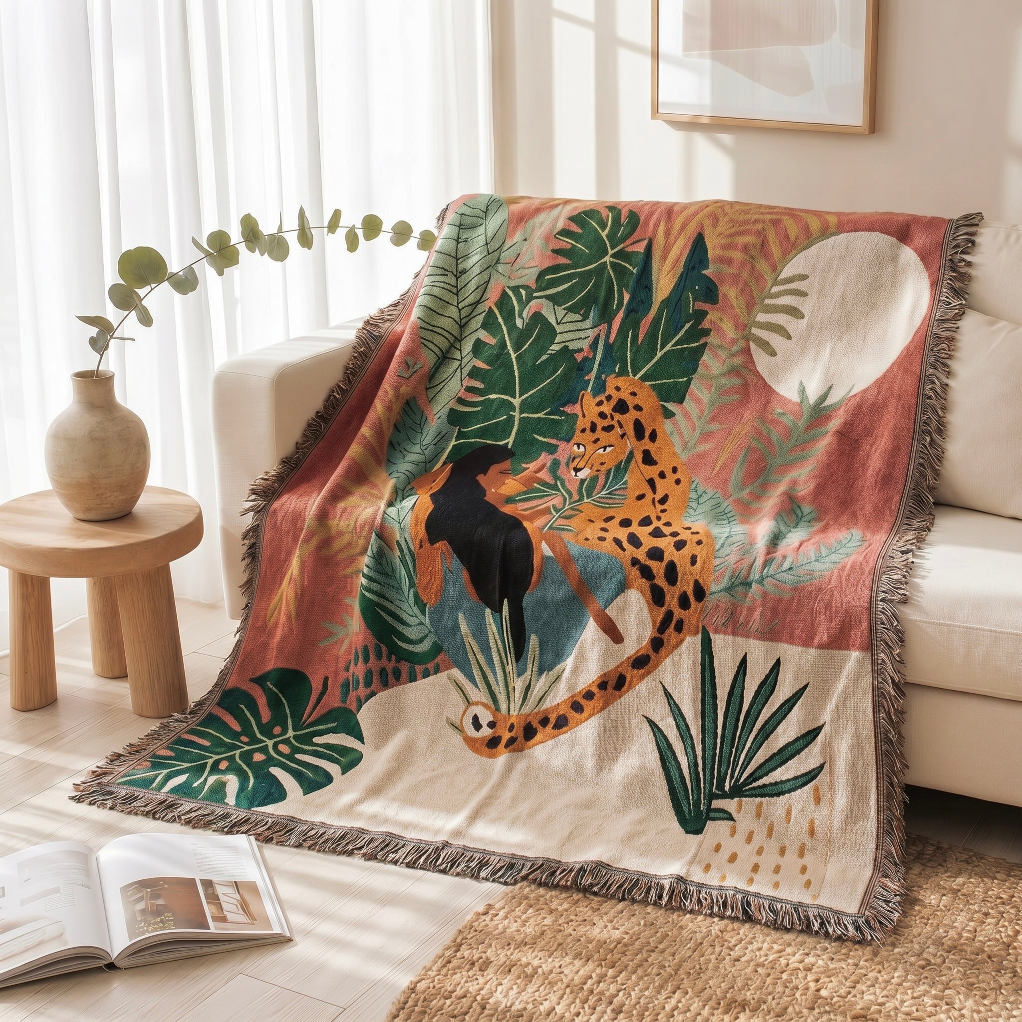 New Anthropologie Boho Jungle Tassel Throw Blanket Bedspread Quilt - 63" x 51"