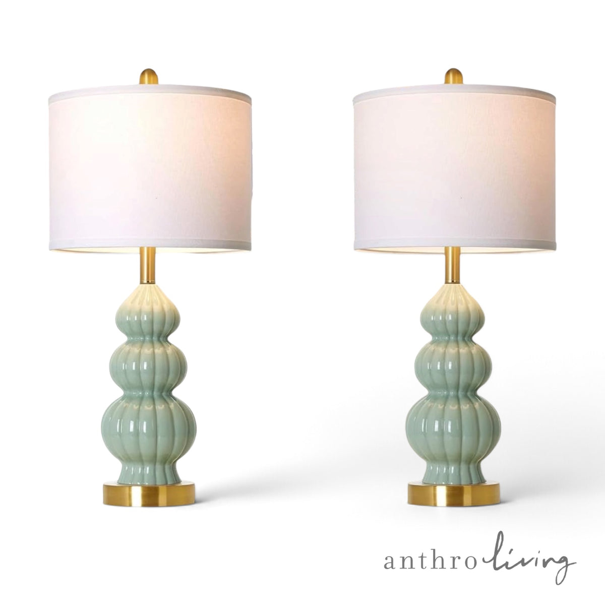 NEW Anthropologie Set / 2 Sage Green Gold Ceramic Boho Table Lamps Lighting 28"