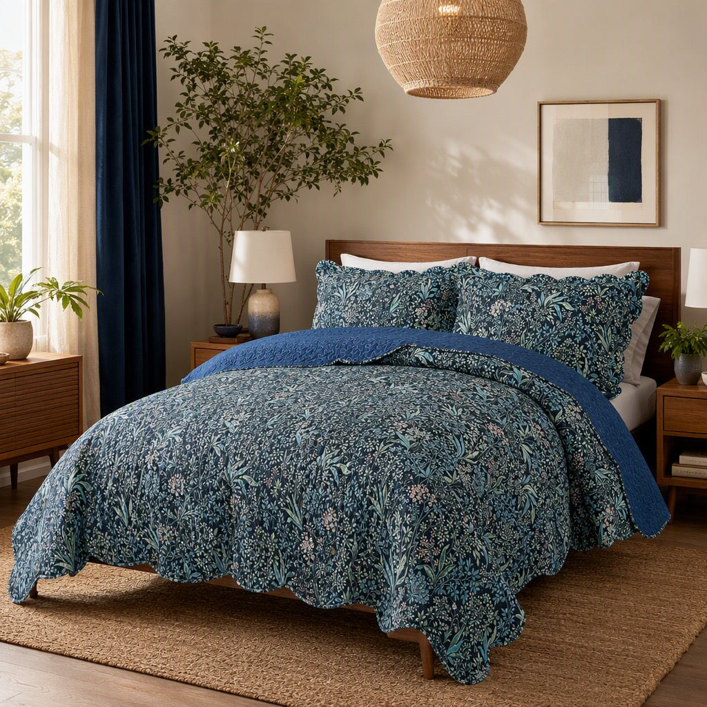 NEW Anthropologie Blue Floral Stitch Queen King Quilt Bedspread Bedding Sham Set