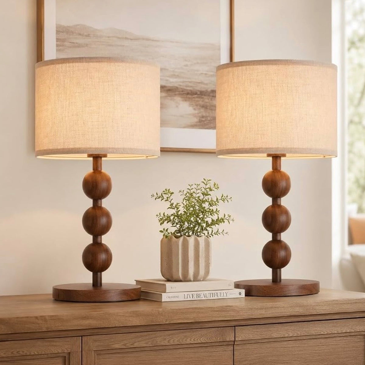 NEW Anthropologie Set of 2 Vintage Wood Ball Retro Boho Table Lamps Lighting 20"