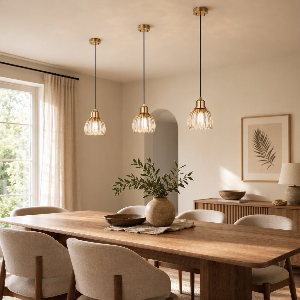 NEW West Elm Vintage Retro Amber Gold Glass Tulip Hanging Pendant Light Fixture