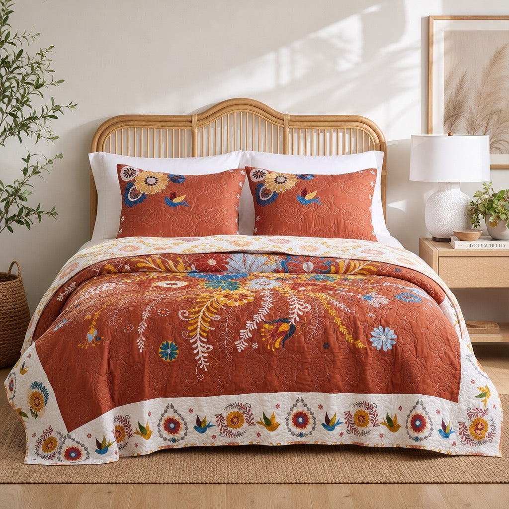 NEW Anthropologie Red Queen Floral Boho Reversible Quilt Bedspread Blanket Sham Set