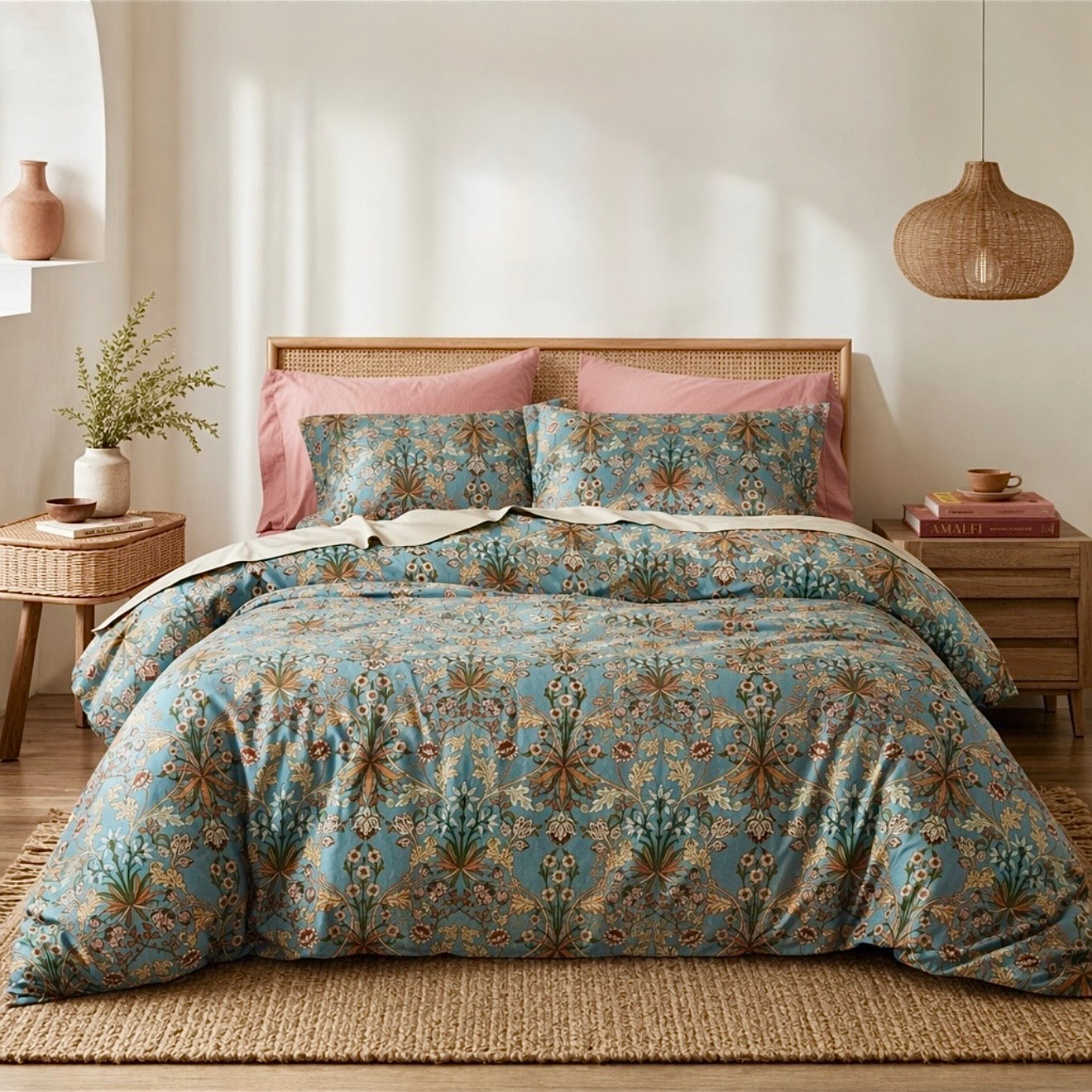NEW Anthropologie Teal Orange Floral Boho Cotton Queen / King Bedding Duvet & Sham Set