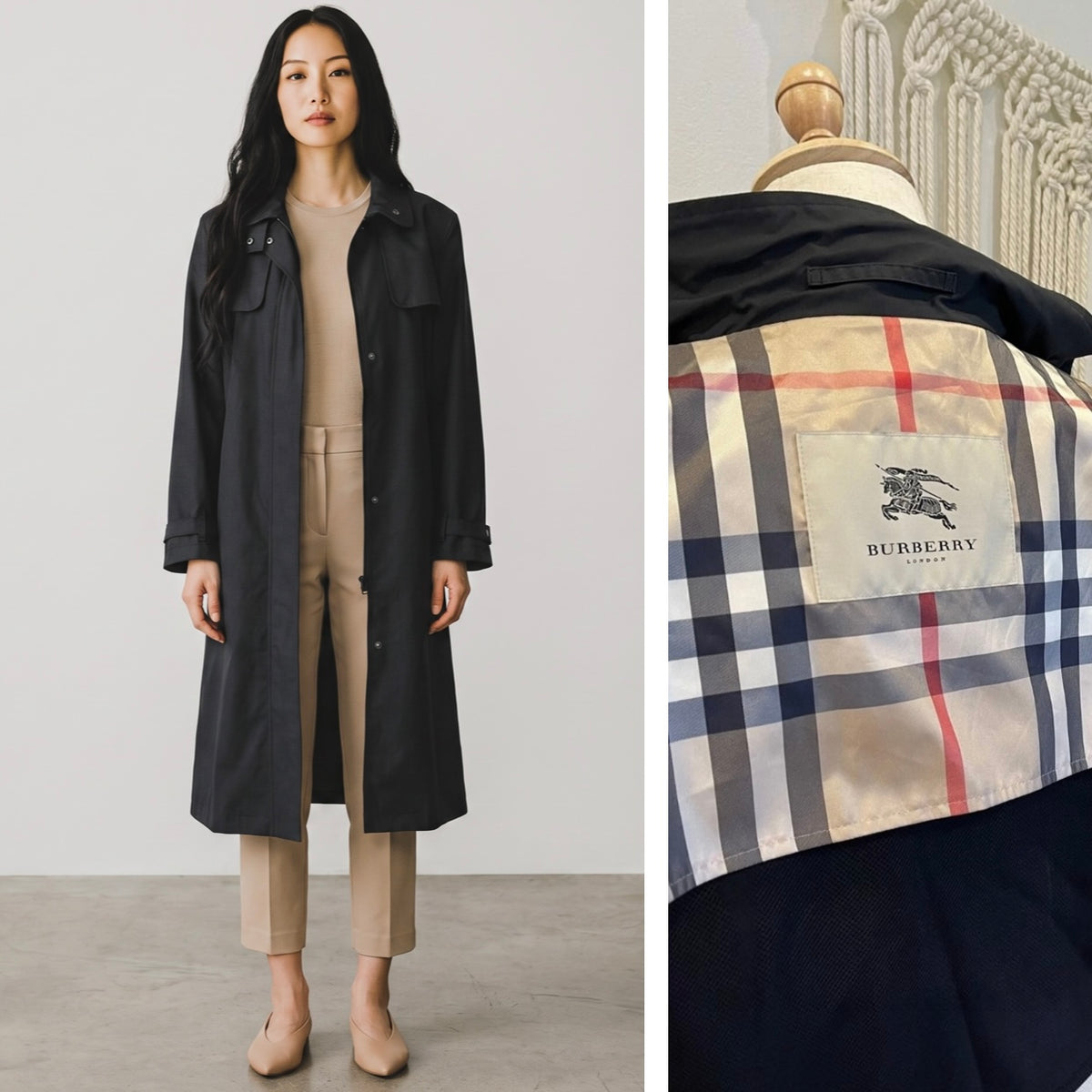 Burberry Women's Black Trench Coat Nylon Rain Coat Jacket - Size Large / 12 - 14