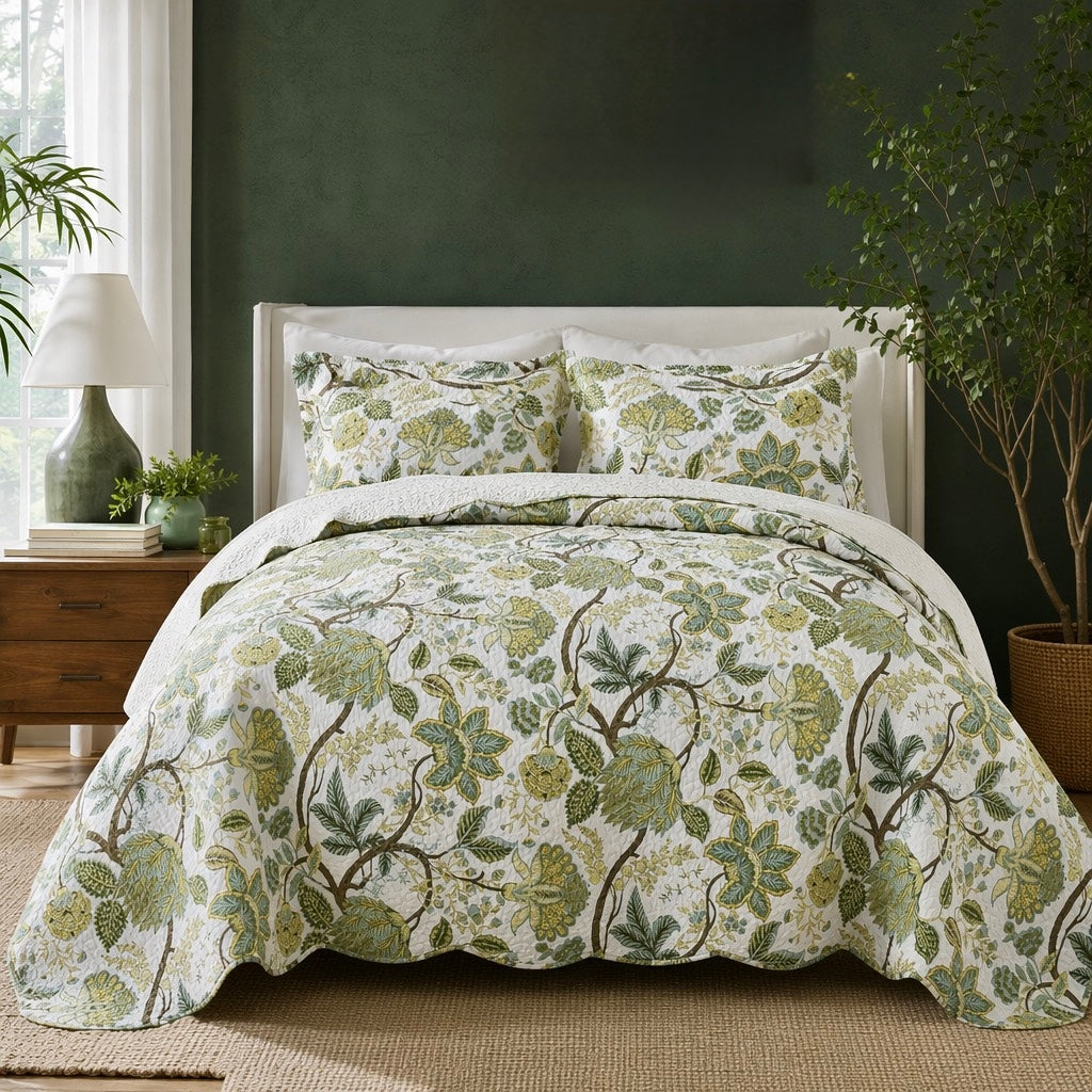 NEW Anthropologie Green Floral Cotton Quilt Bedding Bedspread Duvet Sham & Set