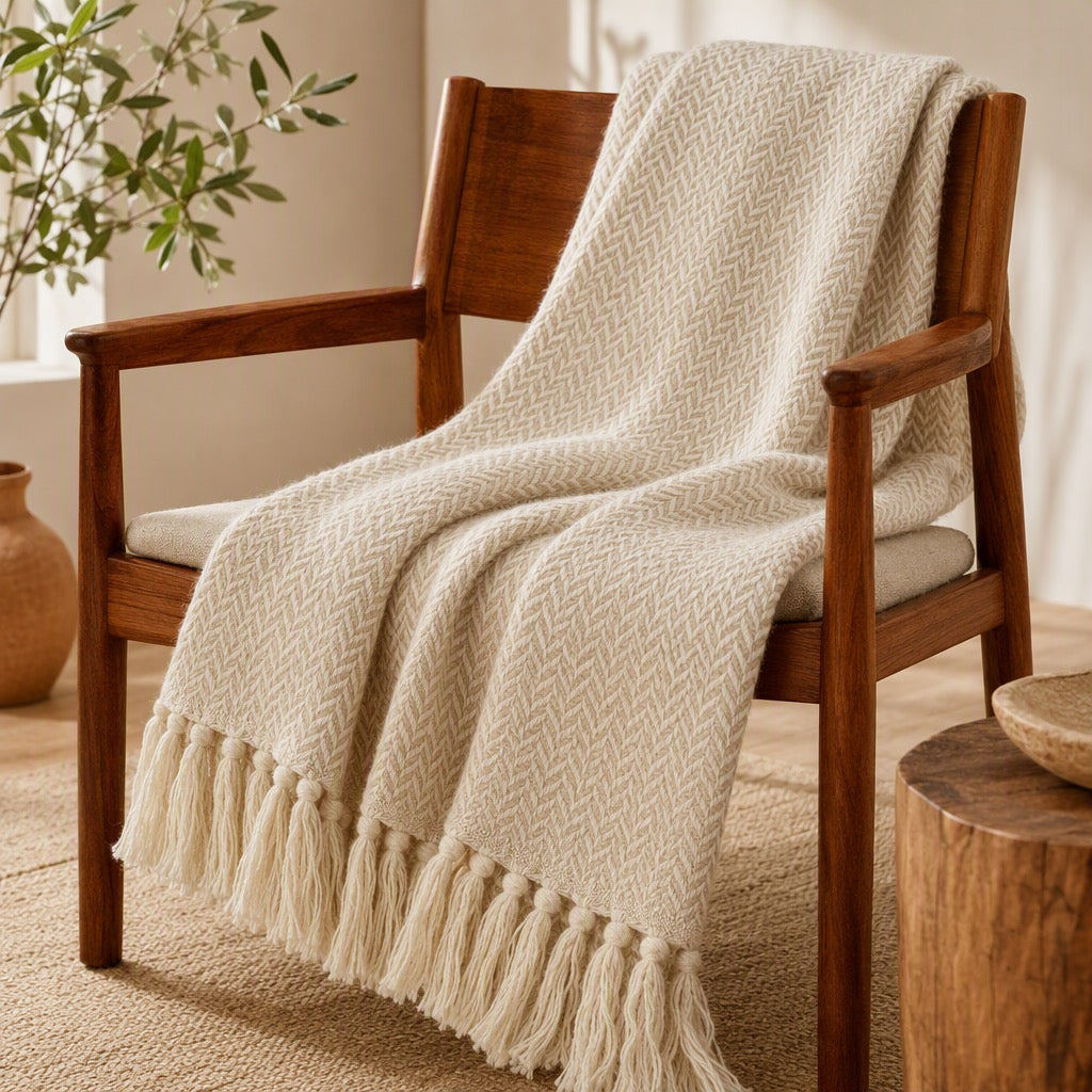 NEW West Elm Boho Beige White Turkish Cotton Tassel Throw Blanket - 60" x 50"