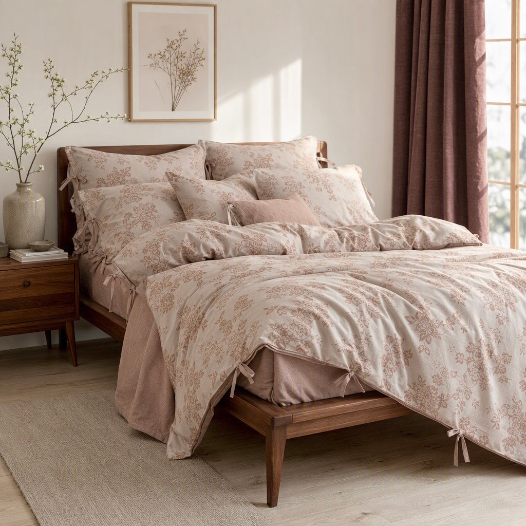 NEW Anthropologie Pink Floral Jacquard Linen Cotton Bedding Duvet & Sham Set