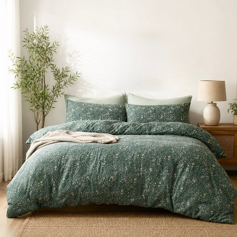 NEW Anthro Green Vintage Style Cotton Queen King Cotton Bedding Duvet & Sham Set