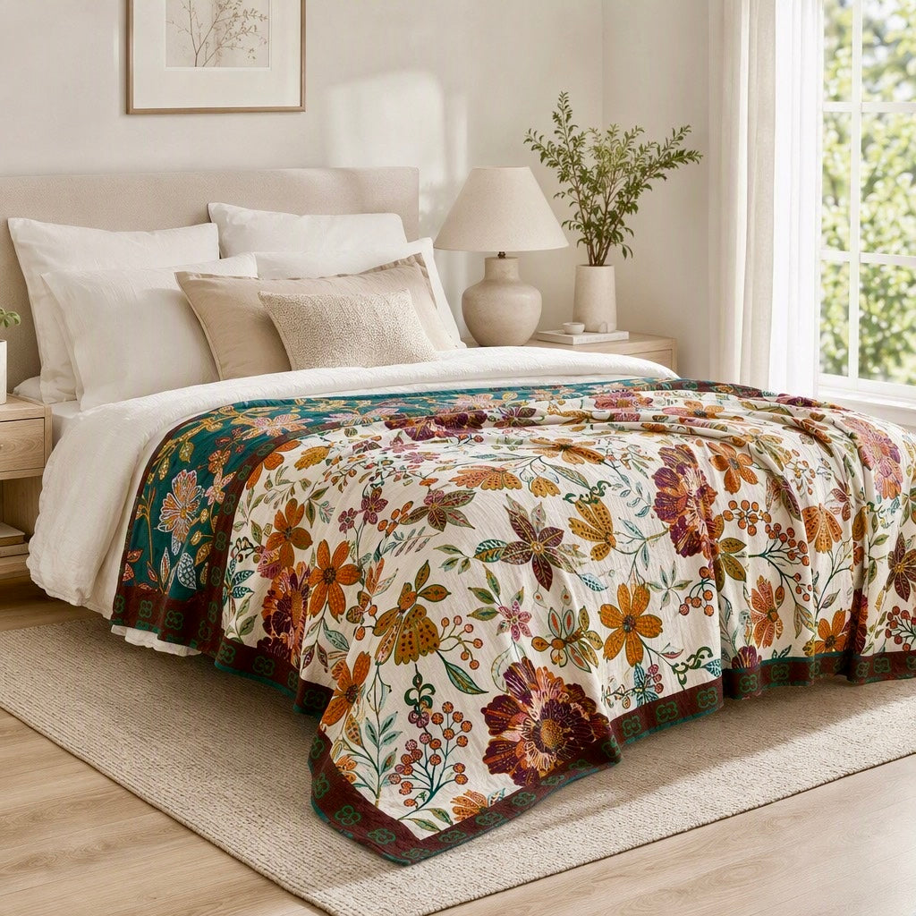 New Anthropologie Boho Floral Reversible Throw Blanket Bedspread Quilt 80" x 60"