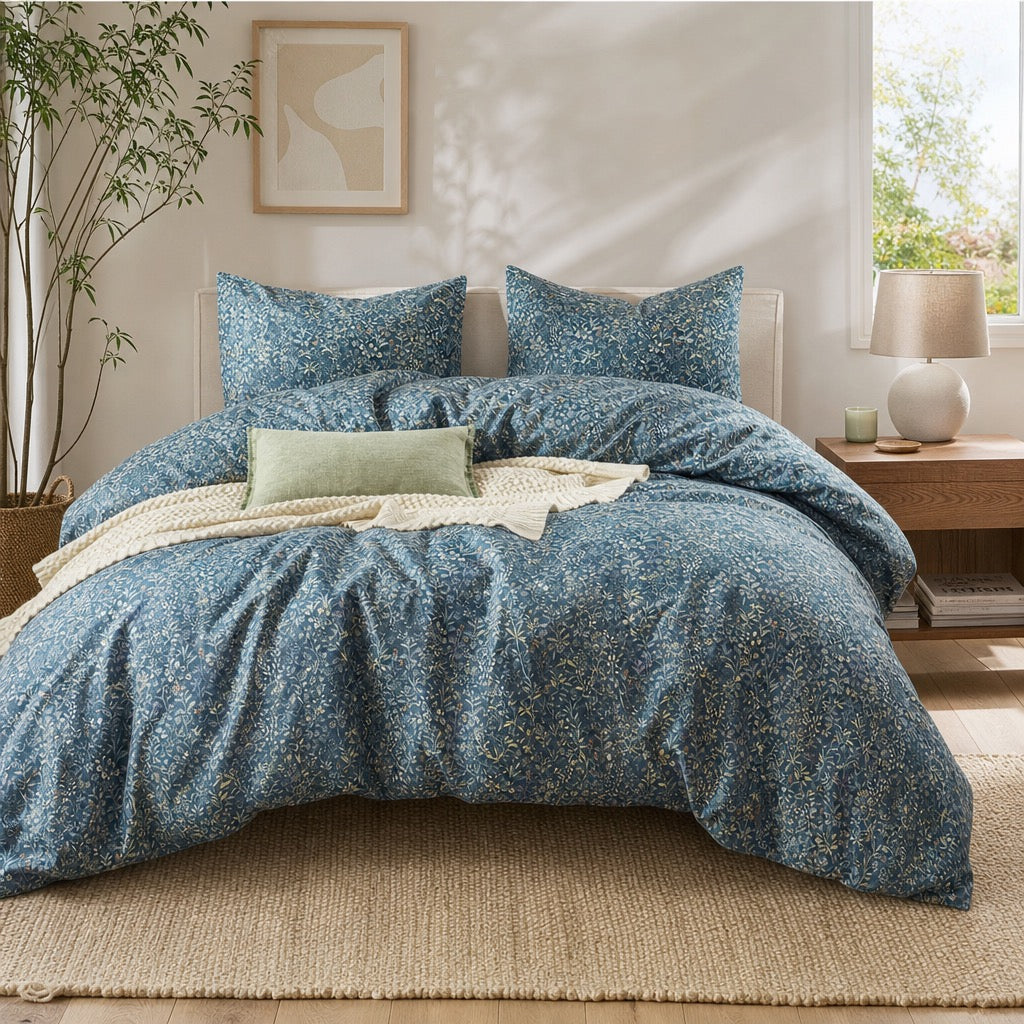 NEW Anthropologie Blue Floral Cotton Boho King / Queen Bedding Duvet & Sham Set