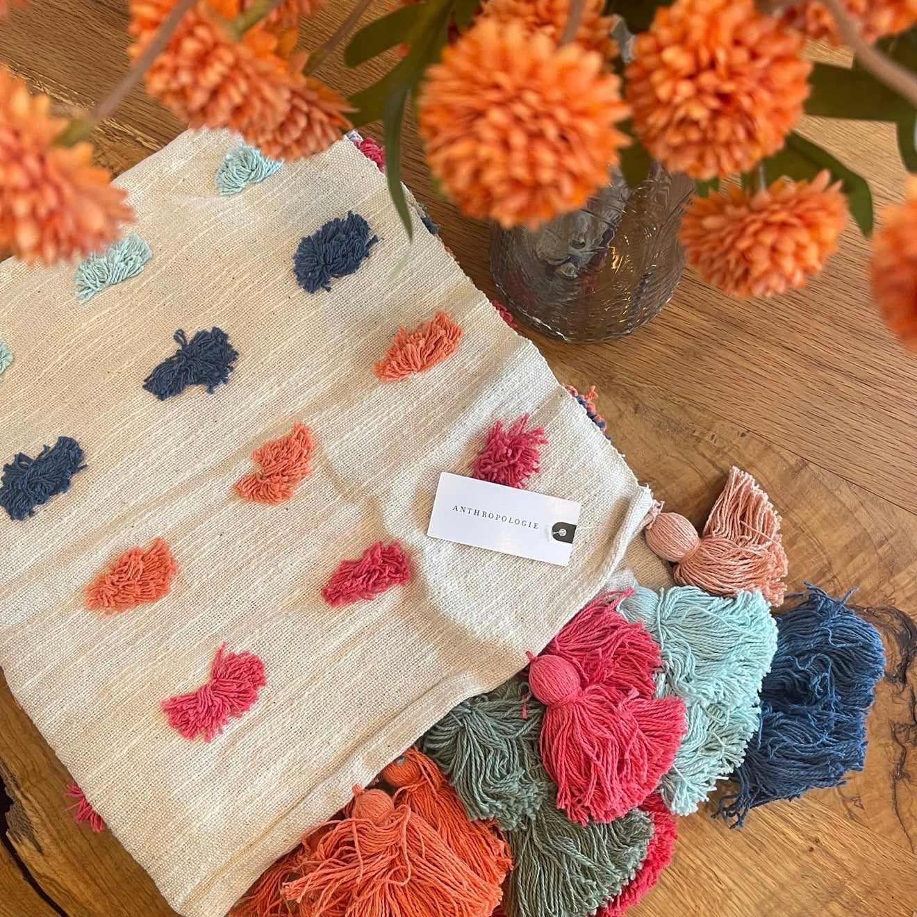 New Anthropologie Boho Tassel Pom Pom Colorful Throw Blanket Bedding - 50" x 60"
